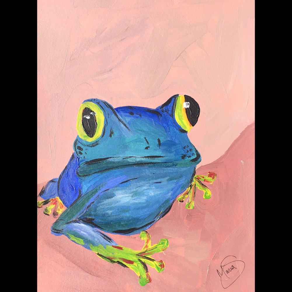 Maria Scalf Frog Amphibian Blue Bright Home Decor Outdoor ORIGINAL PAINTING 9x12