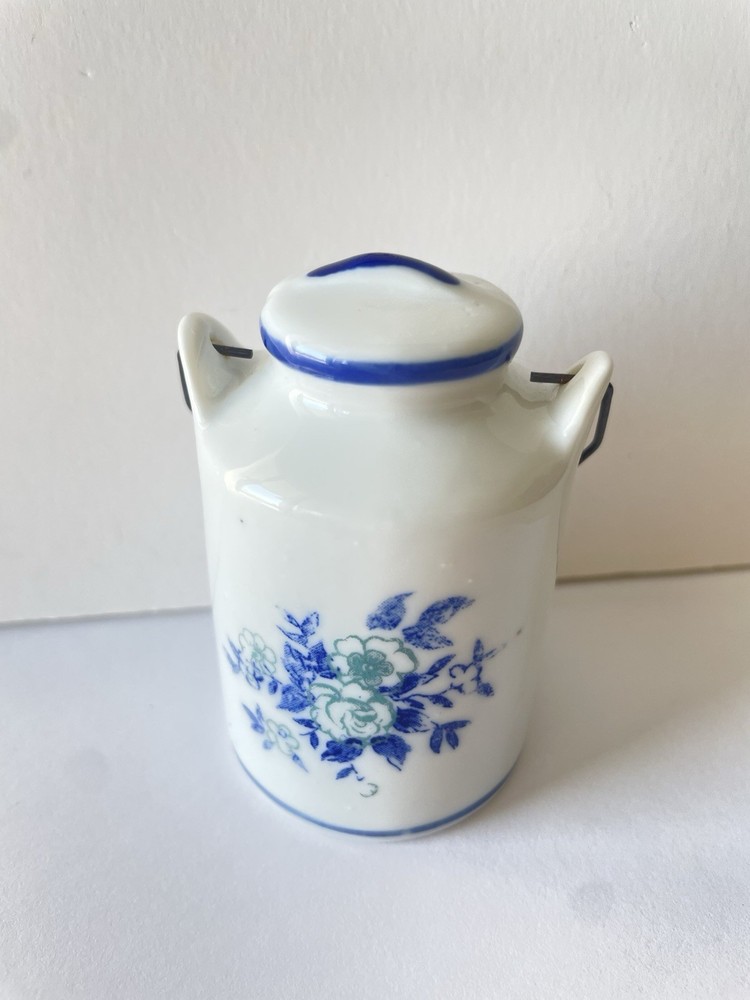 Vintage Miniature Ceramic Milk Can Toothpick Holder-Blue Floral Farmhouse Decor