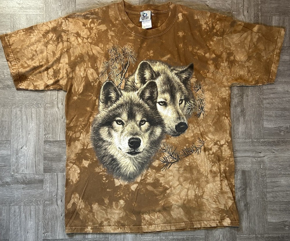 Vintage Liquid Blue Y2k T Shirt Wolf Pack Graphic Tie Dye Two Wolves Size Large