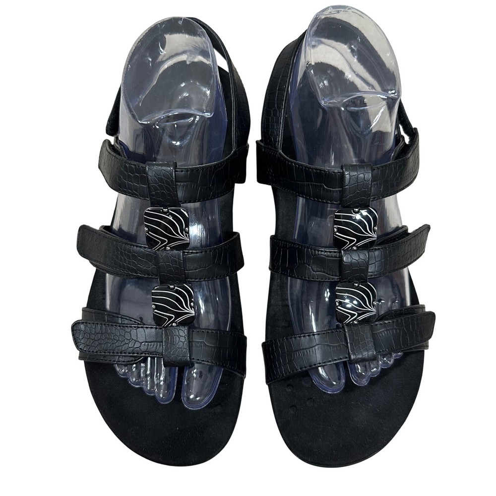 Vionic Women's Sandals Black Leather Strappy Amber Comfort Flat Slip On Size 9