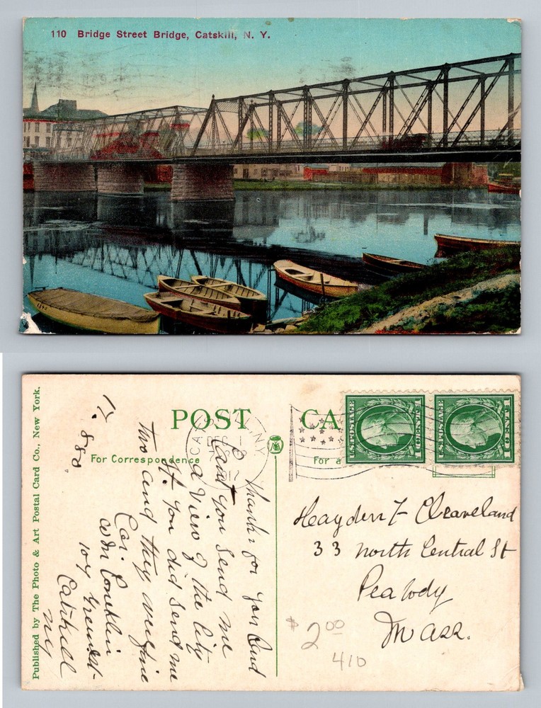 Catskill, NY-New York, Bridge Street Bridge Boats River Vintage c1912 Postcard