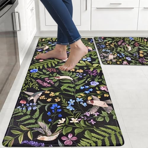 Black Kitchen Mats for Floor Sets of 2, Floral Anti Fatigue Mats Boho Rugs