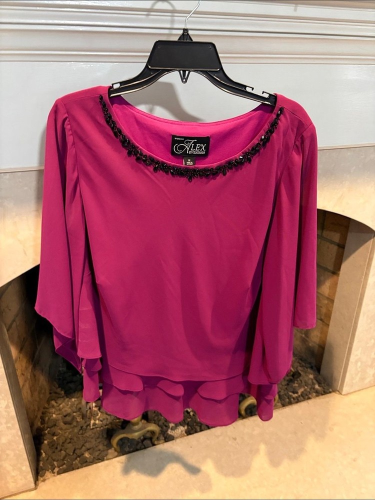 Alex Evenings Fuchsia Beaded Neckline Layered Chiffon Blouse Size 1x