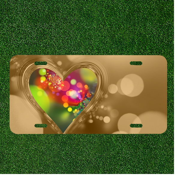 Custom Personalized Auto Tag With Stunning Colorful Heart In Gold Design