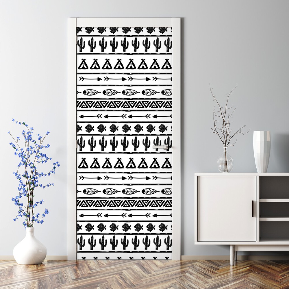 Boho Minimalist Black and White Boho Pattern Bubble Free Door sticker