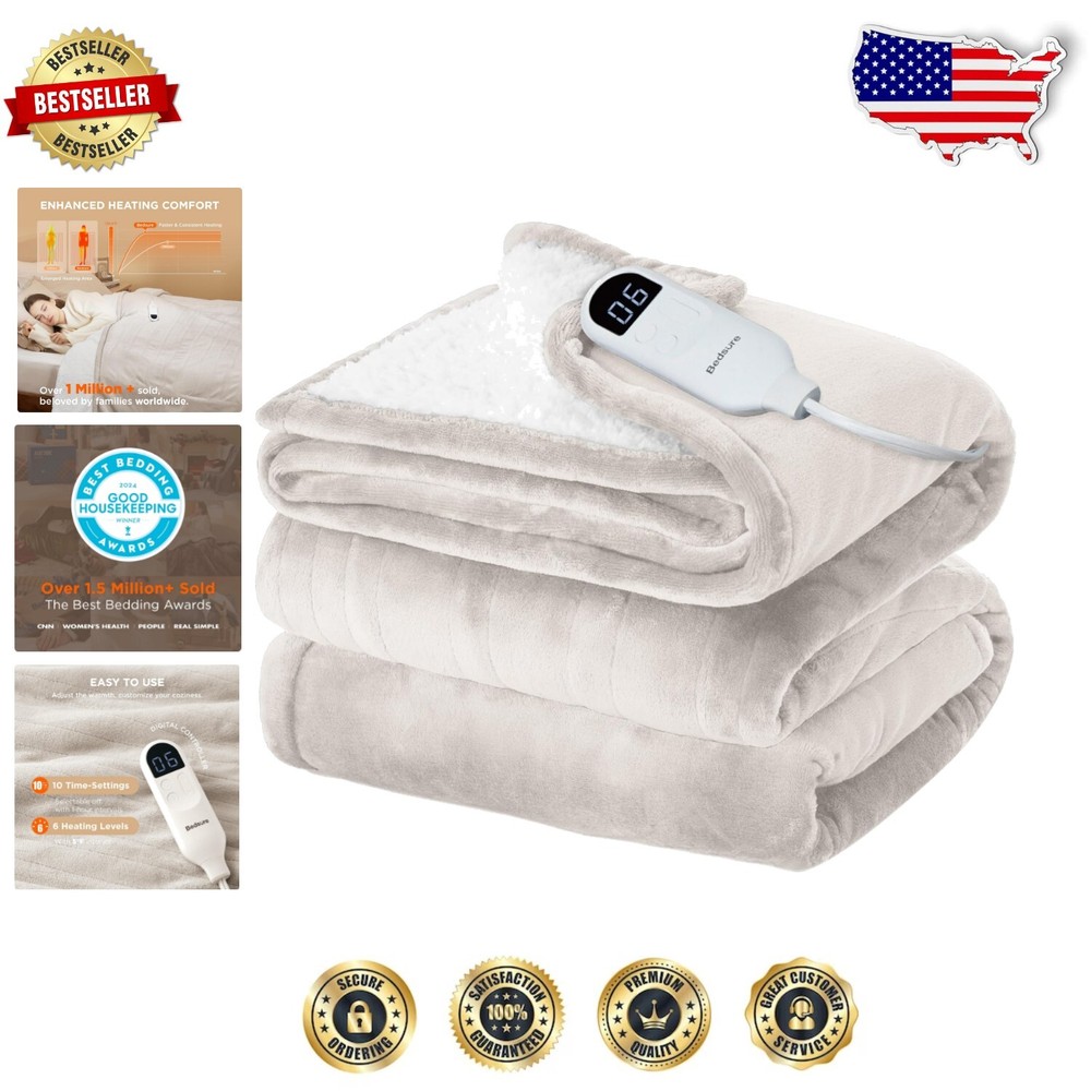 Manta Eléctrica Tamaño Completo 72x84 - Calefacción Rápida con 10 Ajustes de Tiempo, Crema