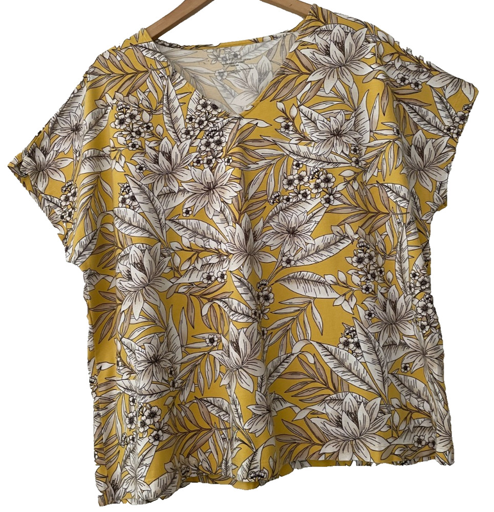 J. Jill size XL luxe supima easy tee shirt top yellow tropical print CoAstAL