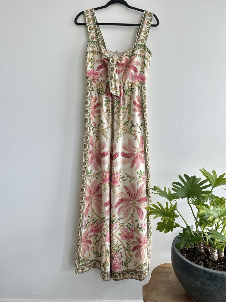 Farm Rio Floral Palm Dream Jumpsuit Size S Pockets Smocked Back