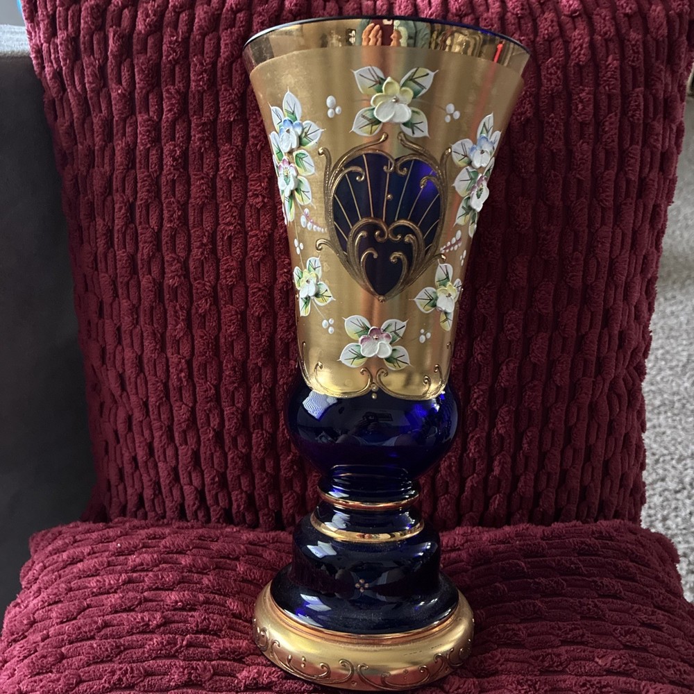 Egermann Bohemian Glass Vase Cobalt Blue Gold Embellishments Hand-painted