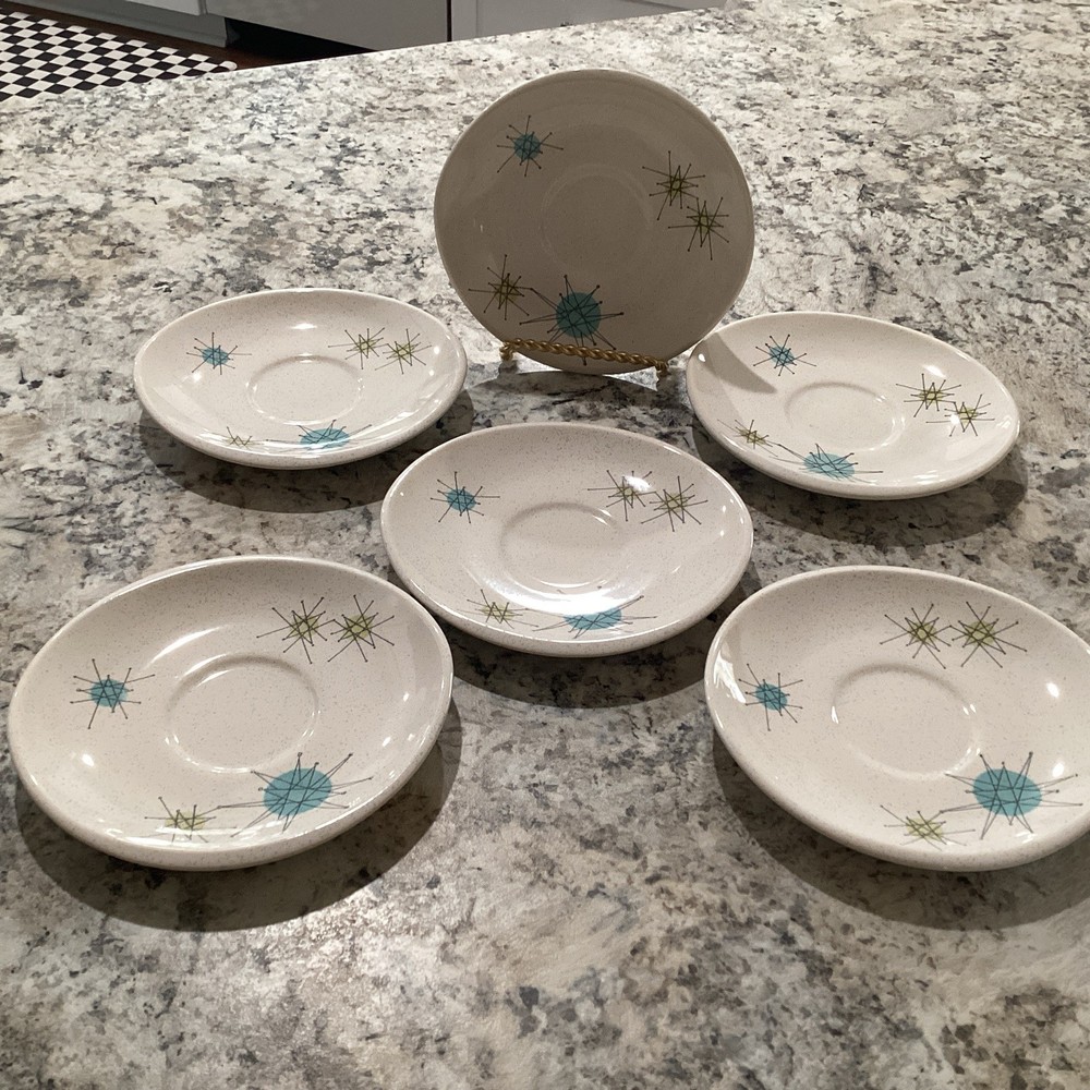 Vtg Franciscan Set Of 6 Coffee Or Teacup Saucers Only 6’’ Atomic Starburst