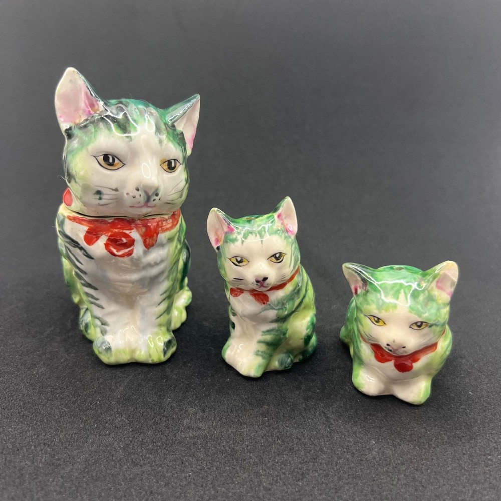 VTG Japan Ceramic Cat Shaker Set Shakers Mustard Pot Tabby Kitten Mid Century