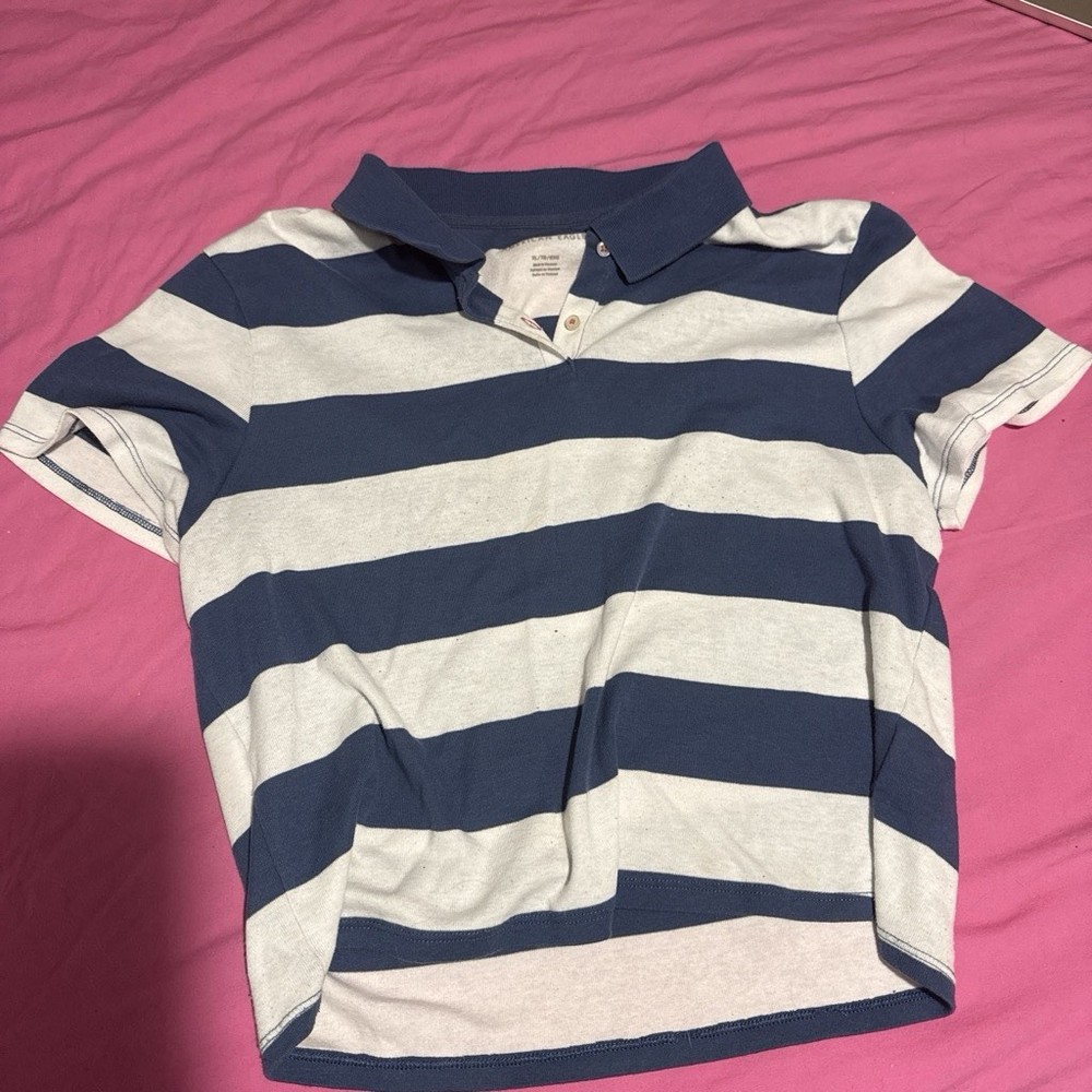American Eagle Cropped Polo Womens Size S Shirt Short Slv Vtg Style Wide Stripes