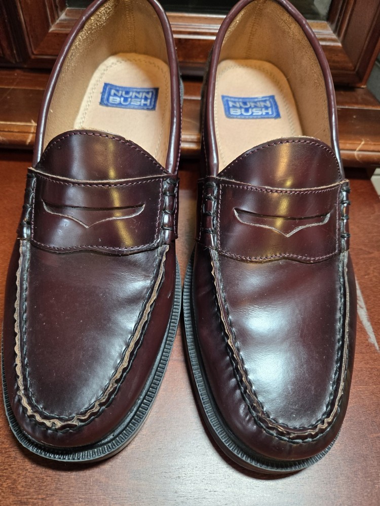 Men's Shoes NUNN BUSH Penny Loafers BROWN 9M Lincoln Moc Toe Burgandy Great Cond