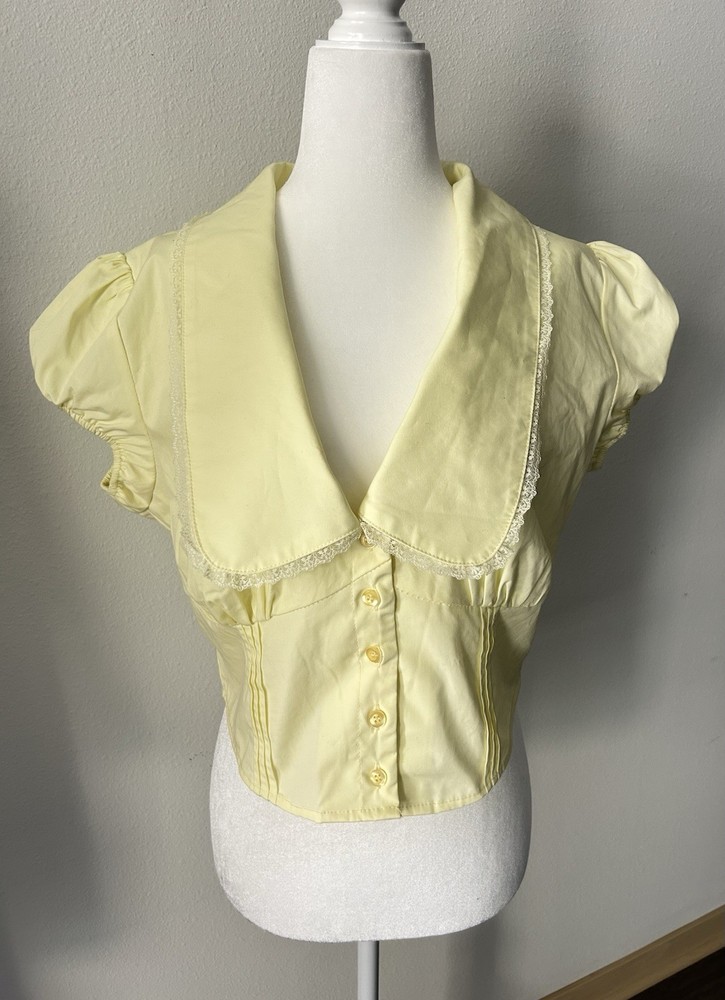 Pastel Yellow Poplin Lace Collared Top Dainty Coquette Feminine Cottagecore