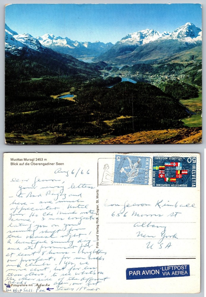 Muottas Muragl Switzerland Postcard c1966 Engadine Lakes Swiss Alps View