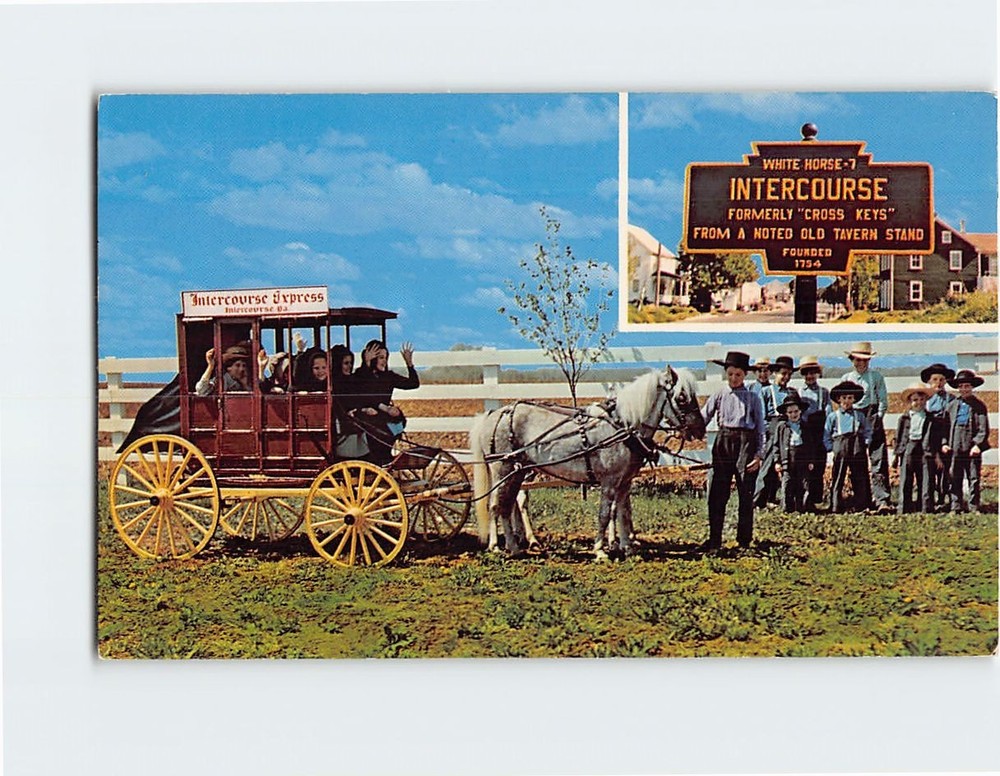 Postcard Amish Children & Stage Coach Greetings from 
