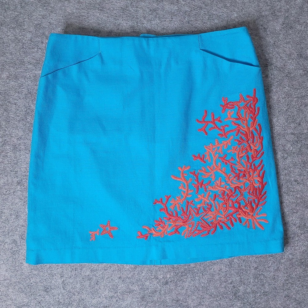Lilly Pulitzer Roslyn Turquoise Embroidered Coral Starfish Skirt Size 0