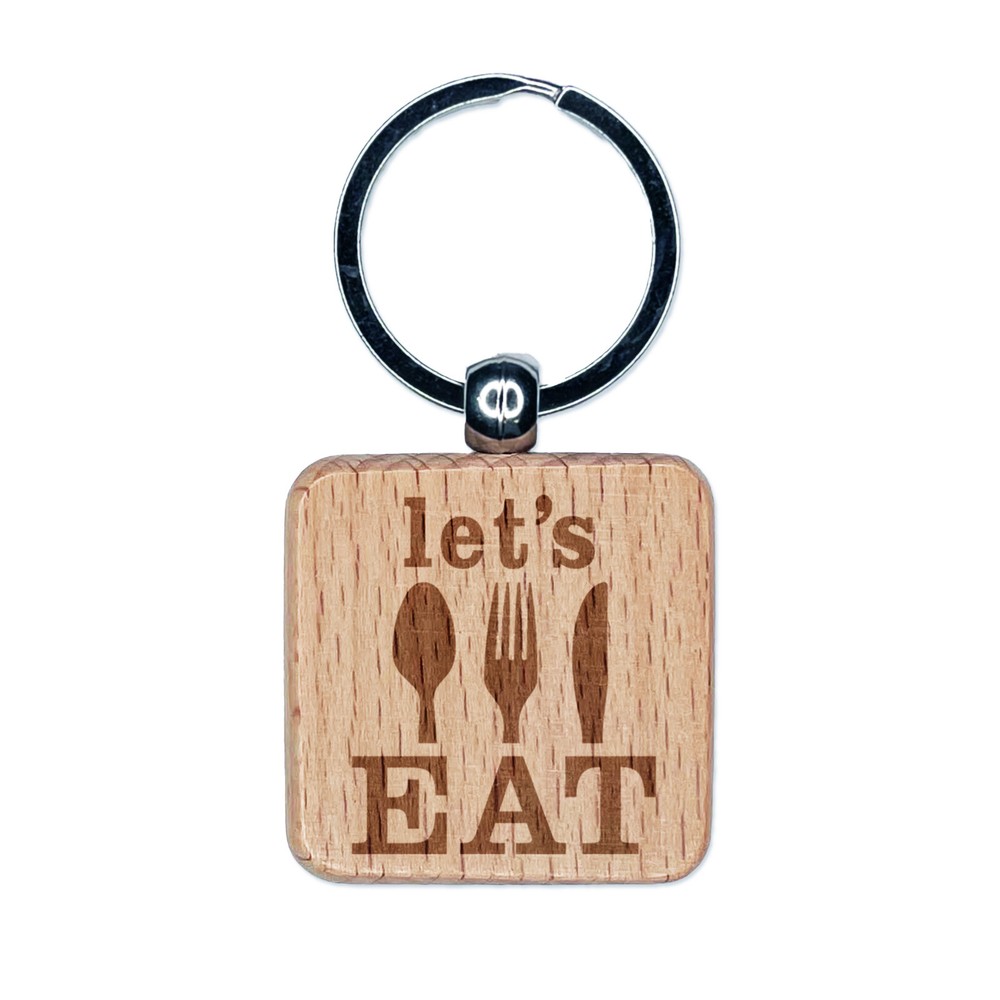 Let's Eat Knife Fork Spoon Engraved Wood Square Keychain Tag Charm