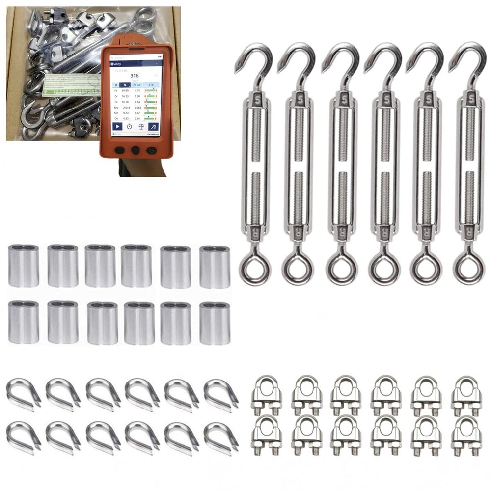 316 Stainless Steel Turnbuckle Kit,Wire Rope/Cable Tensioner, 6-Pcs M5 Hook &...