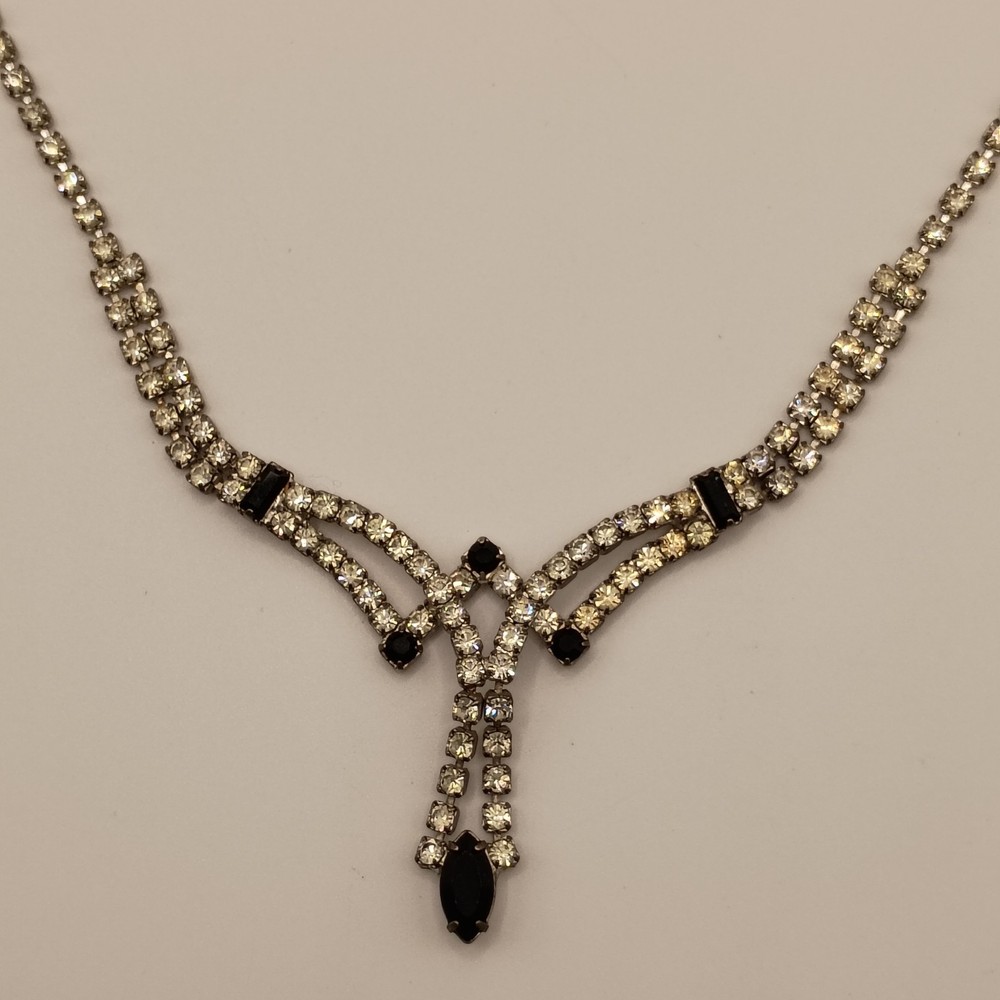 Vintage Rhinestone Necklace Silver Tone Black Crystal Bridal Prom 16