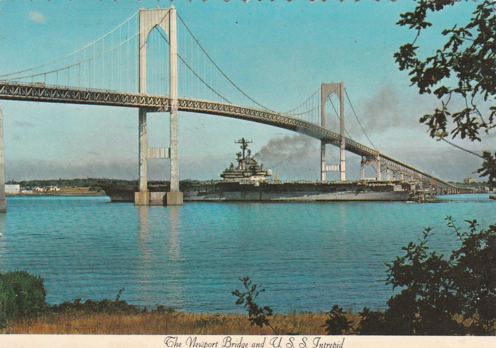 chrome souvenir Postcard Newport Bridge & USS Intrepid Newport Rhode Island USA