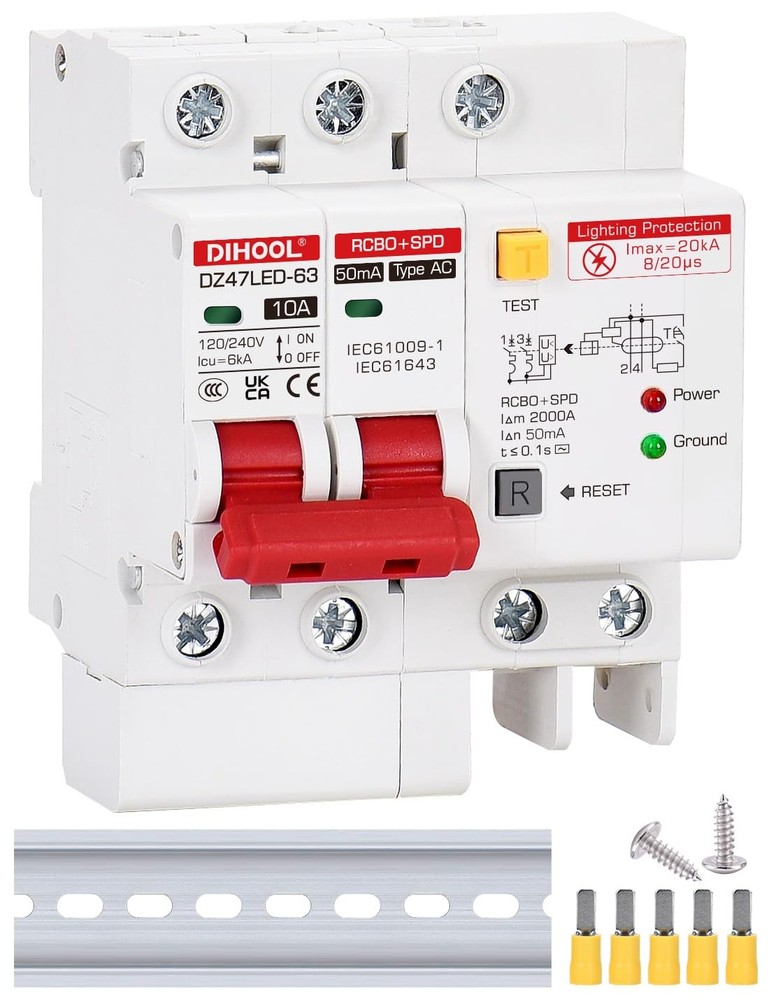 Ground Fault Circuit Breaker with Voltage Surge Arrester Protection, 10 Amp 2...