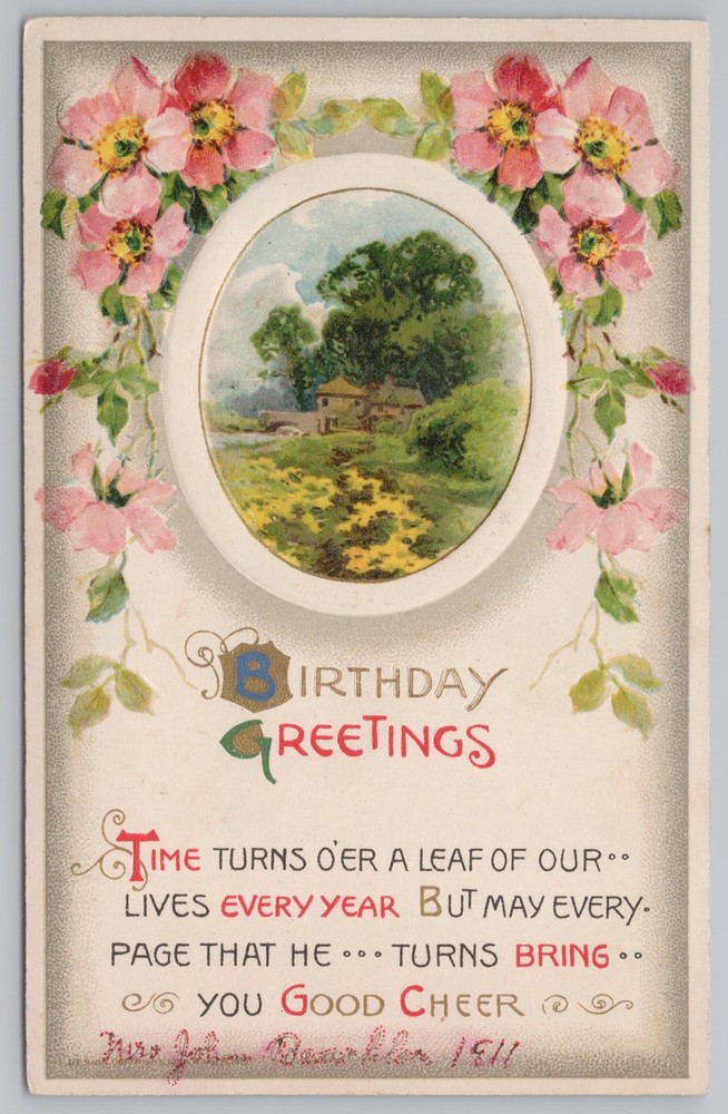 Birthday Greetings~Pink Flowers Frame House By Bridge~Embossed~Vintage Postcard
