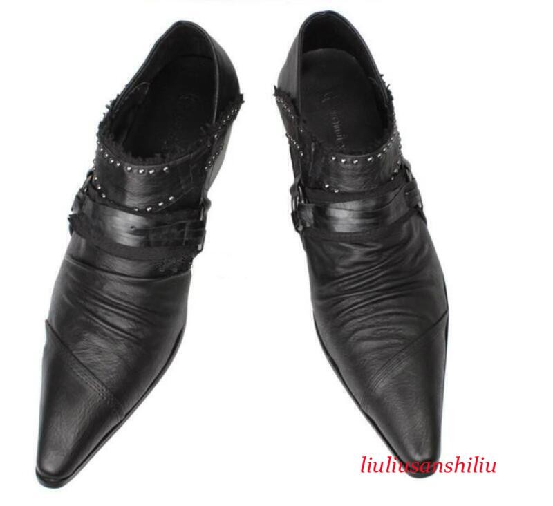 Cowboy Cuban Heel Pointy Toe Mens Black Leather Motor Formal SHoes Rivet Brogues