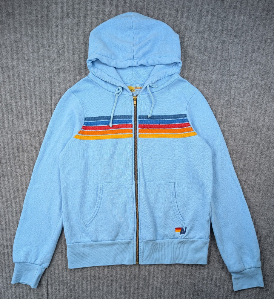 Aviator Nation Hoodie Womens Medium Stripe Sky Athleisure Logo Relaxed Fit Blue