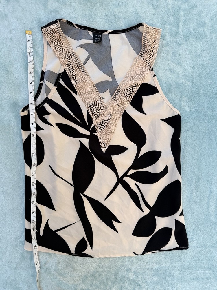SHEIN Women's Sleeveless Black Beige Floral Crochet V-Neck Top Size S