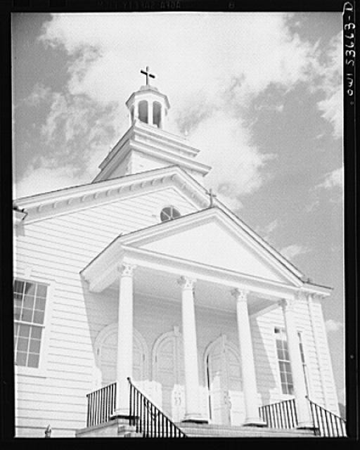 Photo:Church Exterior 1930s-1940s White Clapboard Steeple Columns