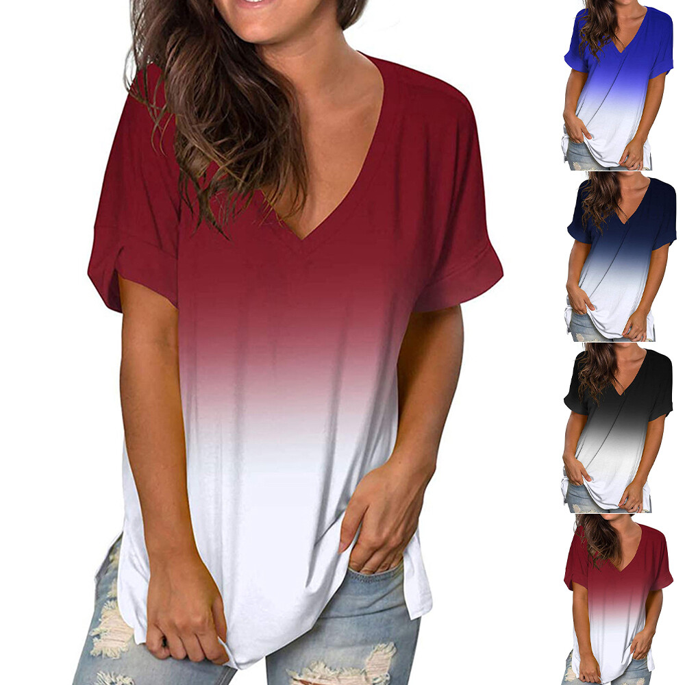 Women's T-Shirt Gradient V-Neck Short Sleeve Tunic Casual Loose Blouse Tee Tops