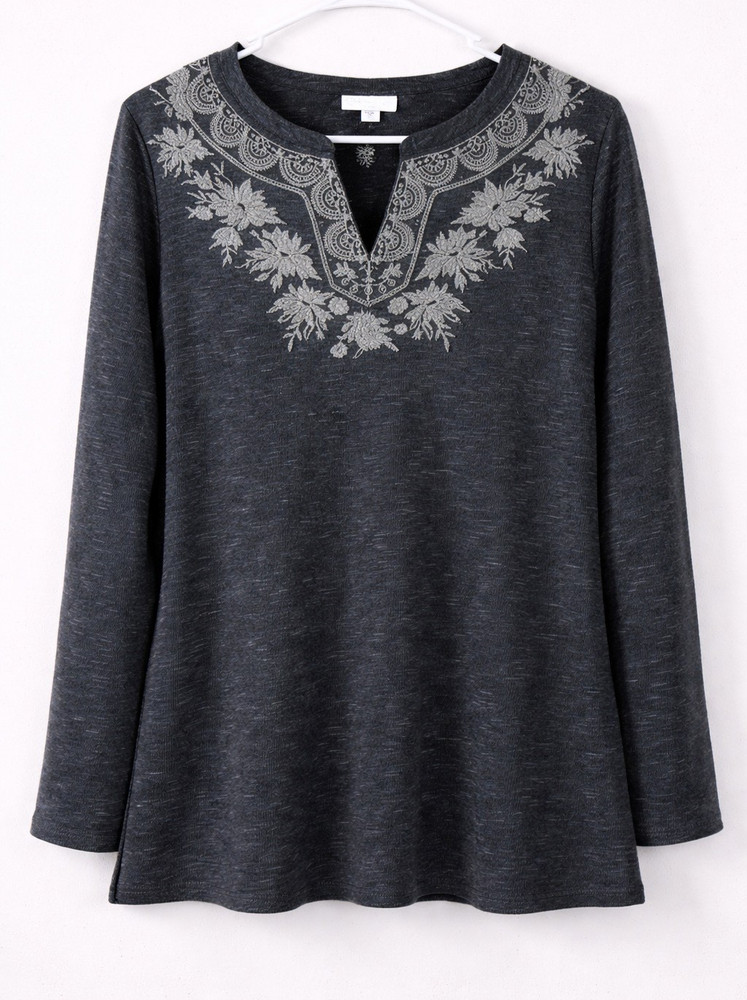 J.Jill Gray Embroidered Top Pullover Women's Size XL V-Neck Long Sleeve Fall