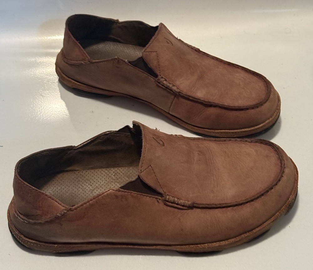 Olukai Moloa Men's Slip-On Loafers Distressed Leather Casual Shoes Brown US 11