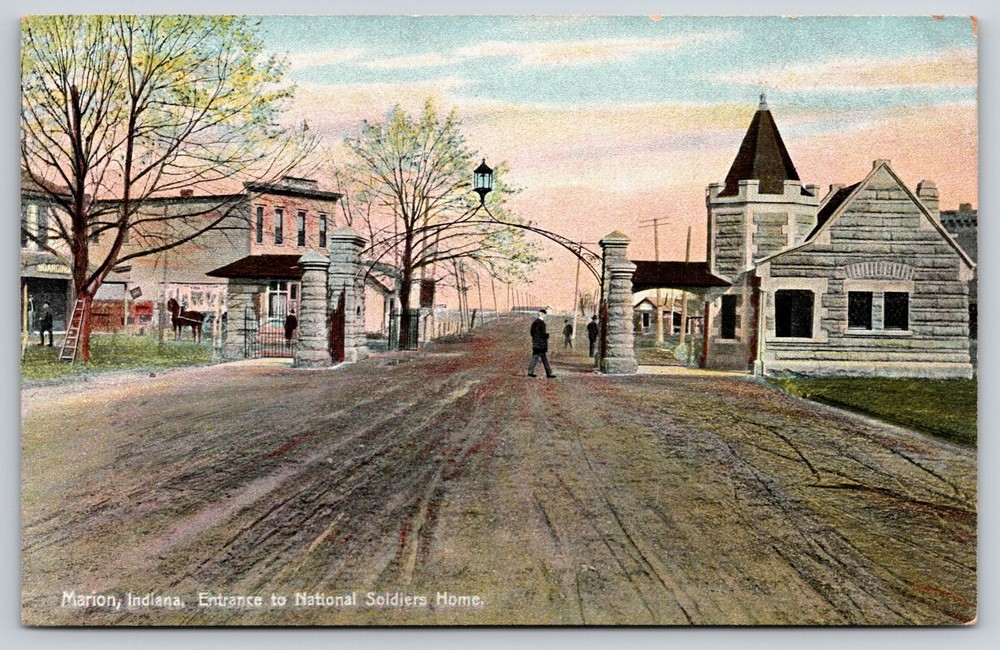 Marion Indiana~Natl Soldiers Home Entrance~Horse~Gate~Romanesque~c1910 Postcard