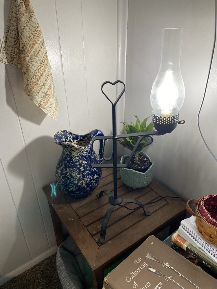 Vintage Wrought Iron Heart Table Lamp W/Plastic Hurricane Shade-Works Great!
