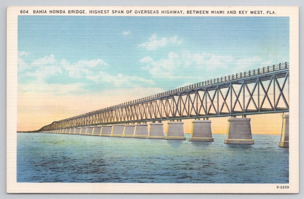 Vintage Linen Postcard Bahia Honda Bridge Overseas Highway Key West FL