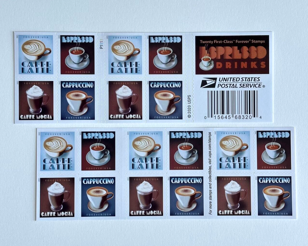 Pane of 20 Espresso Drinks Coffee Stamps Latte Cappuccino Wedding Party Stamp