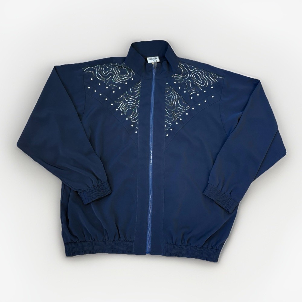 Rio Vintage Womens Blue Long Sleeve Zip Up Shirt Sz Medium With Rhinestone