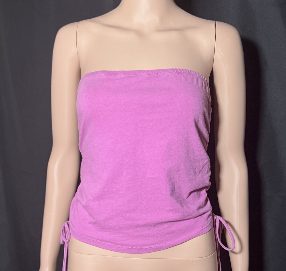 Pink Strapless Side-Ruched Tube Top Drawstring Tie Bottom Hem Y2K Style