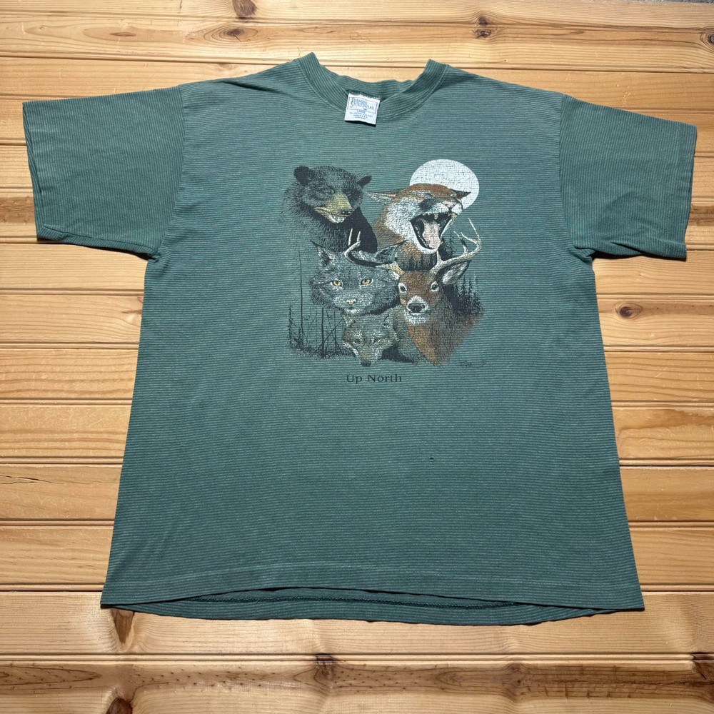 Vintage 90s Up North Wildlife Animals Moon Nature Striped T-Shirt USA - Large
