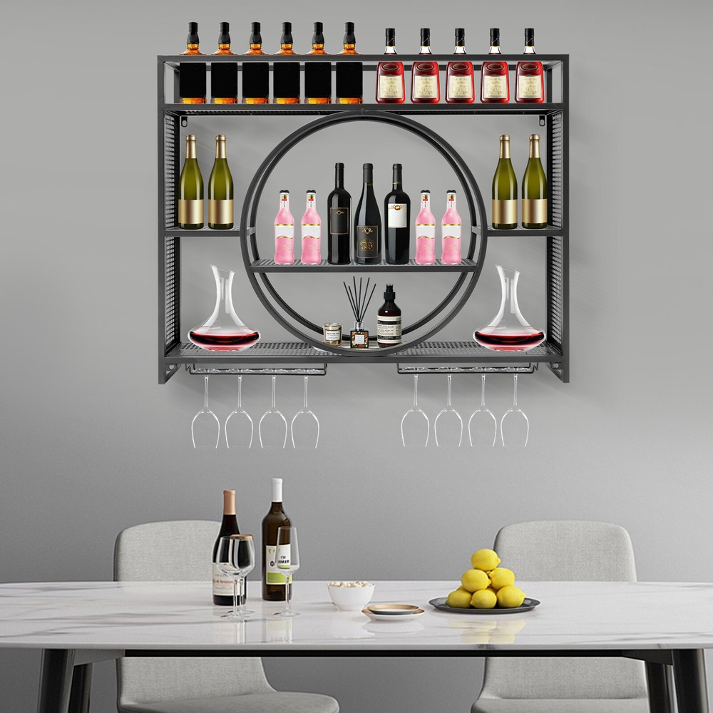 Wine Rack Bar Shelves Wall Mounted Kitchen Storage Rack +Wine Glass Holder