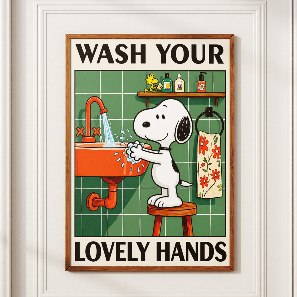 Snoopy Wash Your Lovely Hands Poster Cute Bathroom Art Print Retro Wall Decor