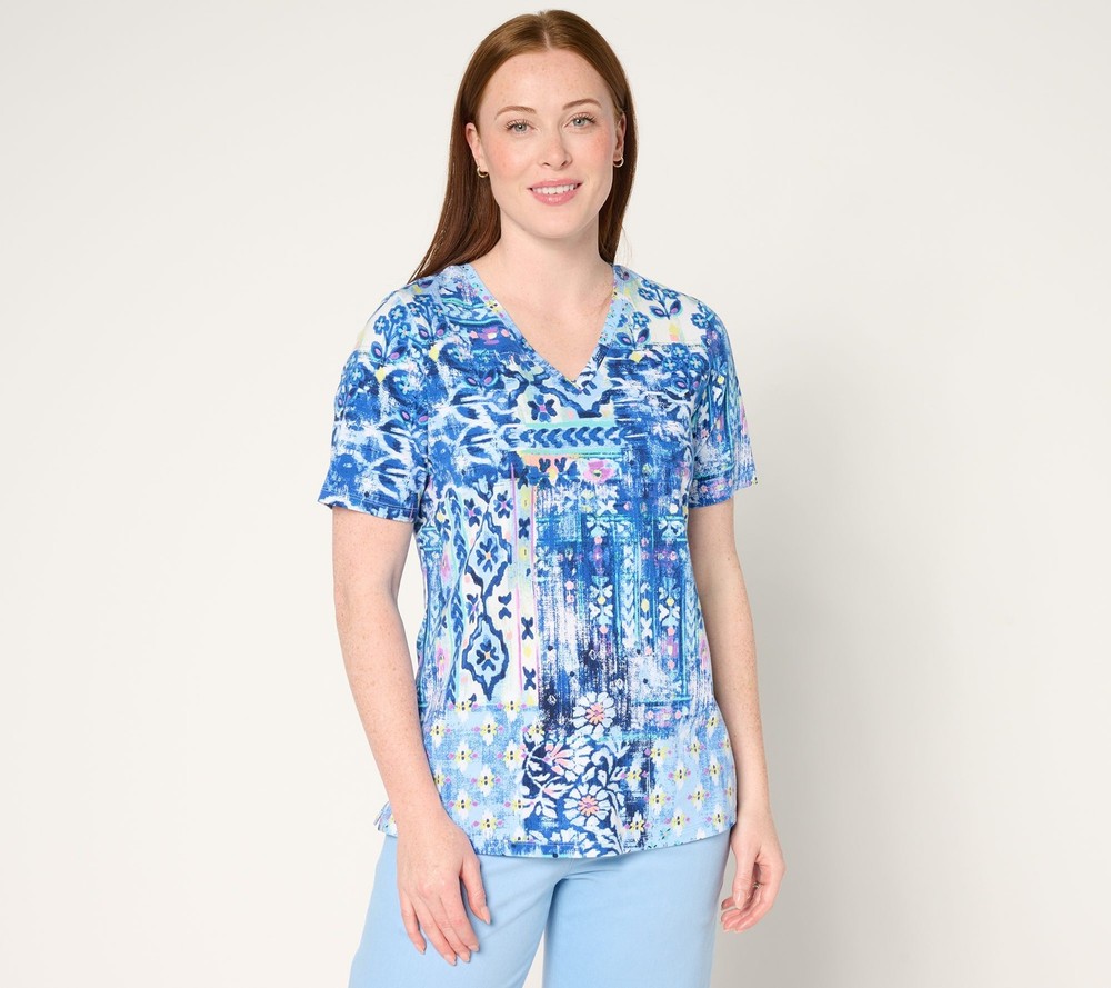Denim & Co. Women's Top Sz M Beach Jersey Short-Sleeve Multi-colored A681963