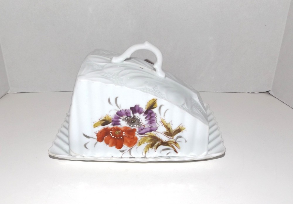 Antique Victorian Porcelain Wedge Shaped Covered Floral Design Cheese Dish
