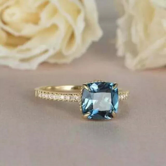 3Ct Cushion Cut London Blue Topaz Wedding Ring in 14K Gold Plating