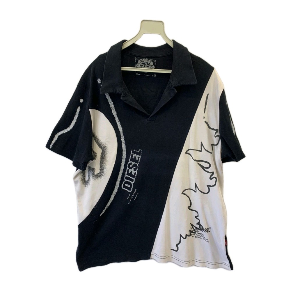 Vintage Diesel Division Polo Shirt XL Black White Abstract 90s Graphic Rare #239-image