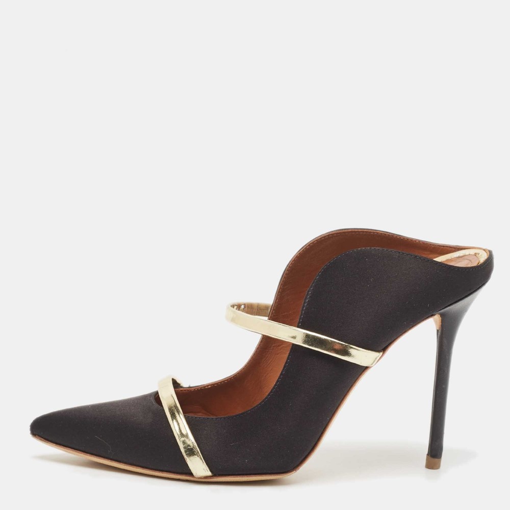 Malone Souliers BlackGold Satin and Leather Maureen Mules Size 385