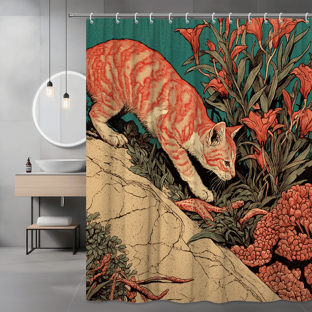 Cat Floral Shower Curtain Orange Tabby Botanical Print