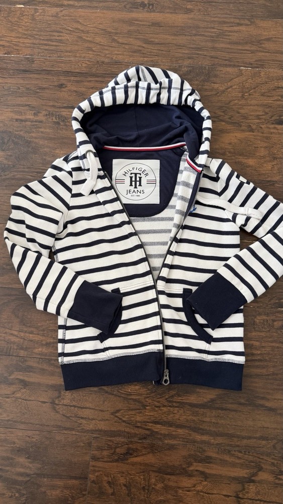 Tommy Hilfiger Women's Hoodie Sweater Size S Full Zip Blue White Striped